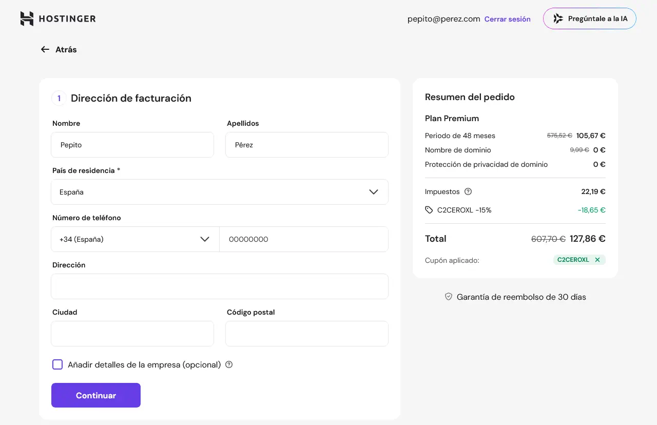 datos cliente hostinger