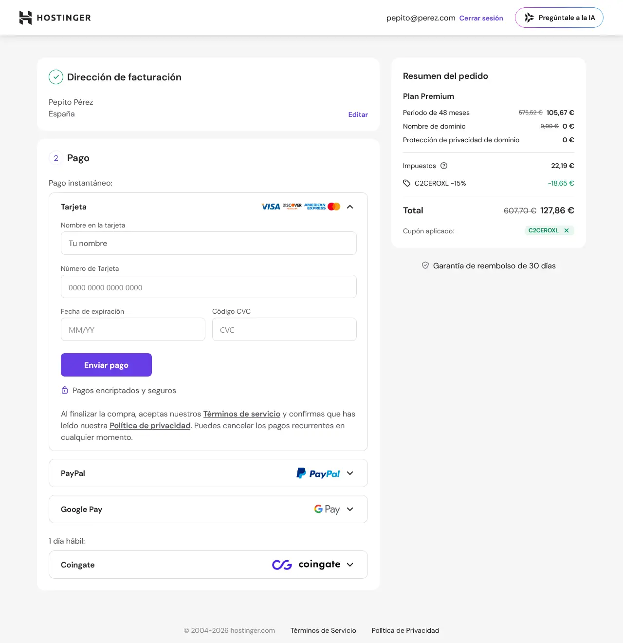 pago cliente hostinger