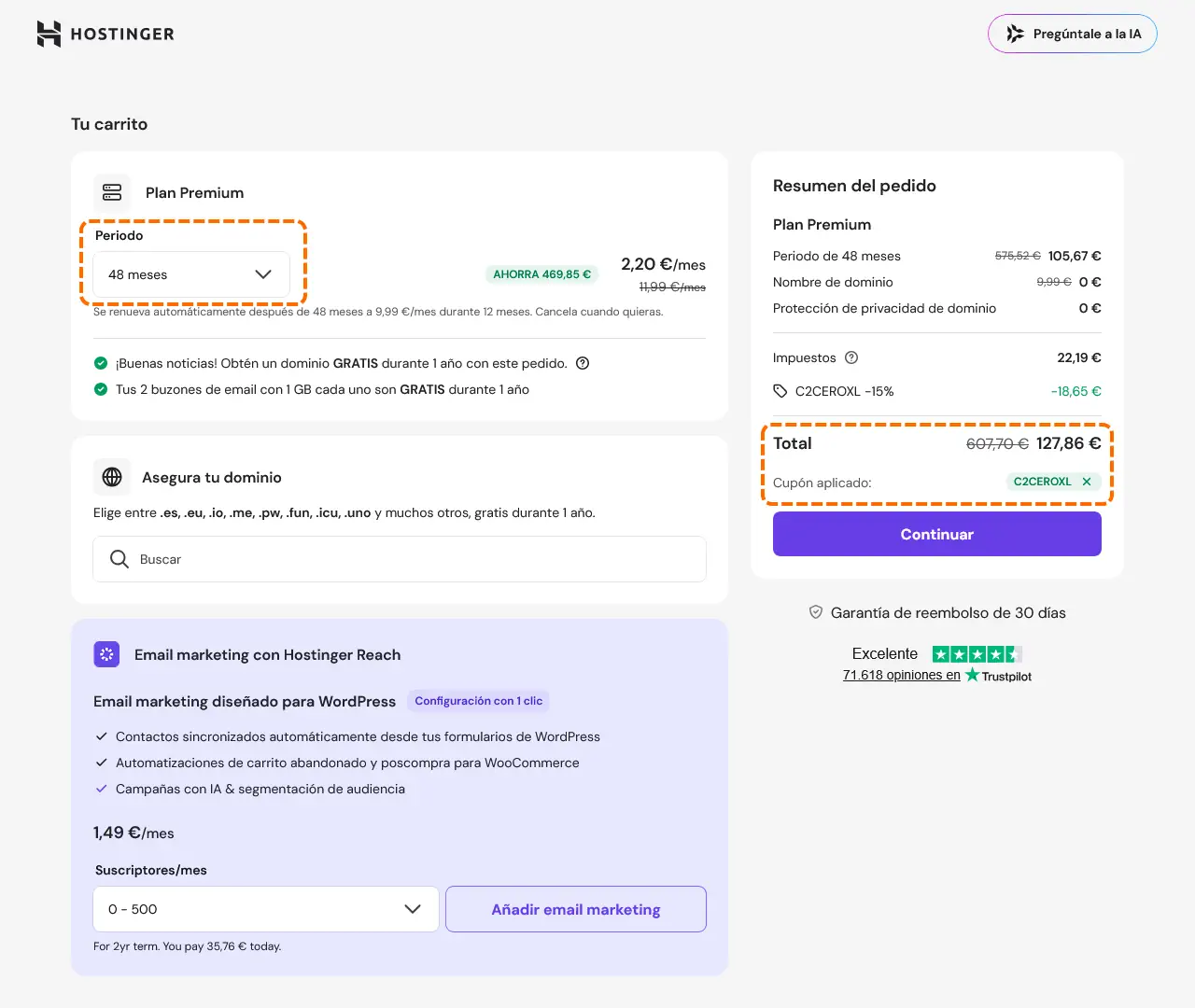periodo y cupón hostinger