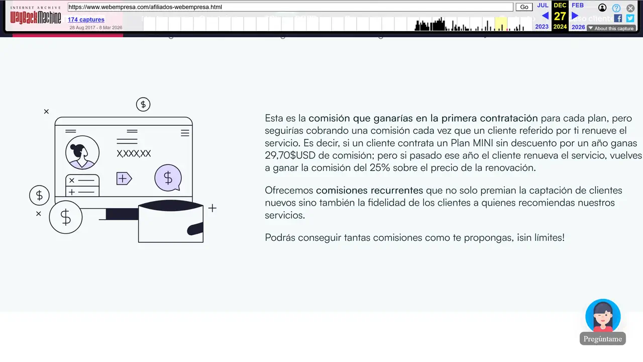Condiciones para afiliados de Webempresa que garantizaban comisiones recurrentes mientras el cliente siguiera activo.