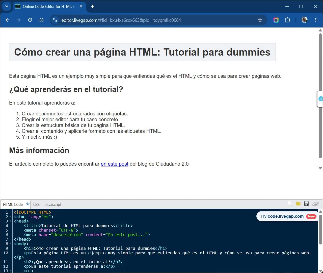 Editor HTML online LiveGap con el código y la vista previa del resultado a la vez.