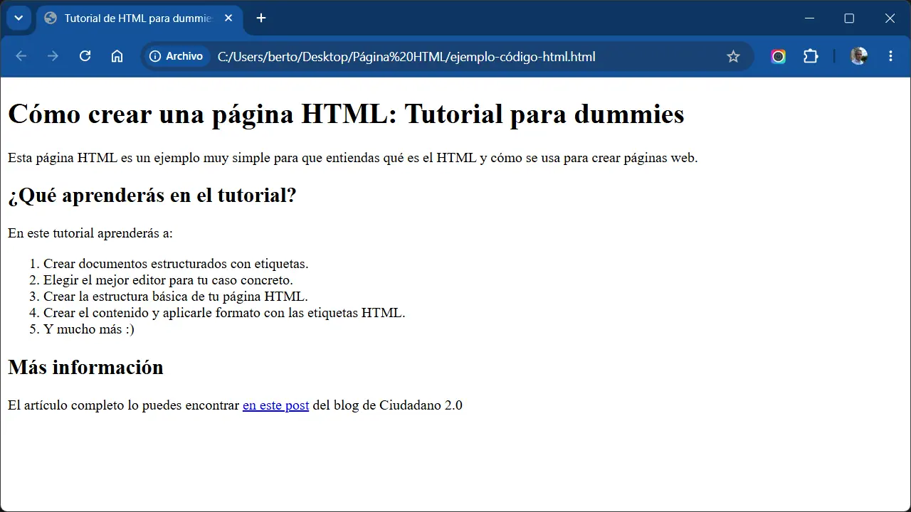 Página HTML de ejemplo mostrada en el navegador, todavía sin estilos CSS.