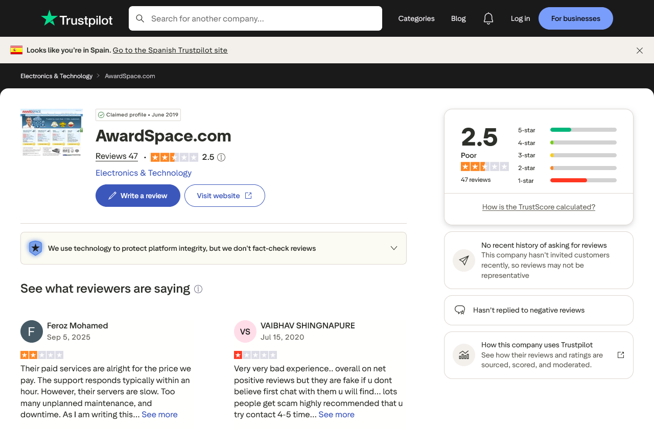 valoración de awardspace en trustpilot
