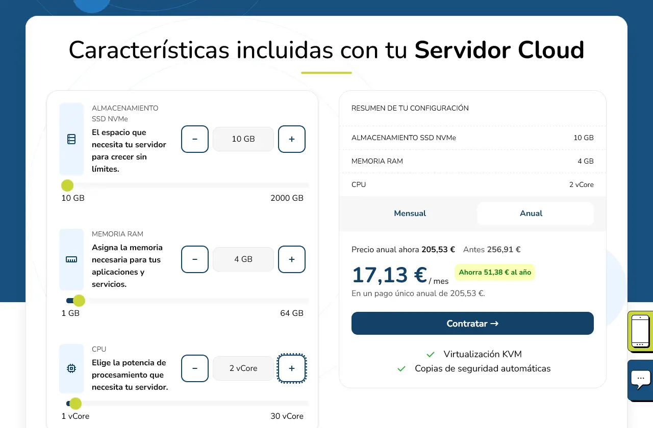 Configurador de los Servidores Cloud de LucusHost con los deslizadores de disco, RAM y CPU y el resumen de la configuración