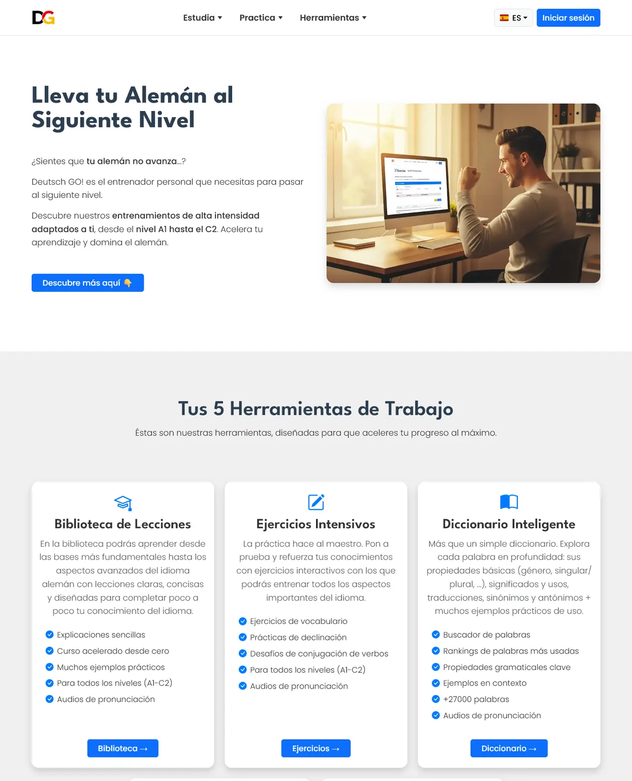 Página de inicio de Deutsch GO!, la aplicación para aprender alemán construida con IA