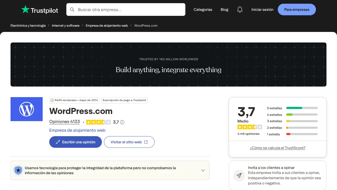 opiniones de clientes de WordPress.com en Trustpilot