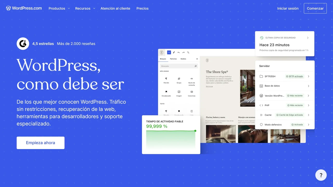 Portada de WordPress.com con el menú superior y la entrada 
