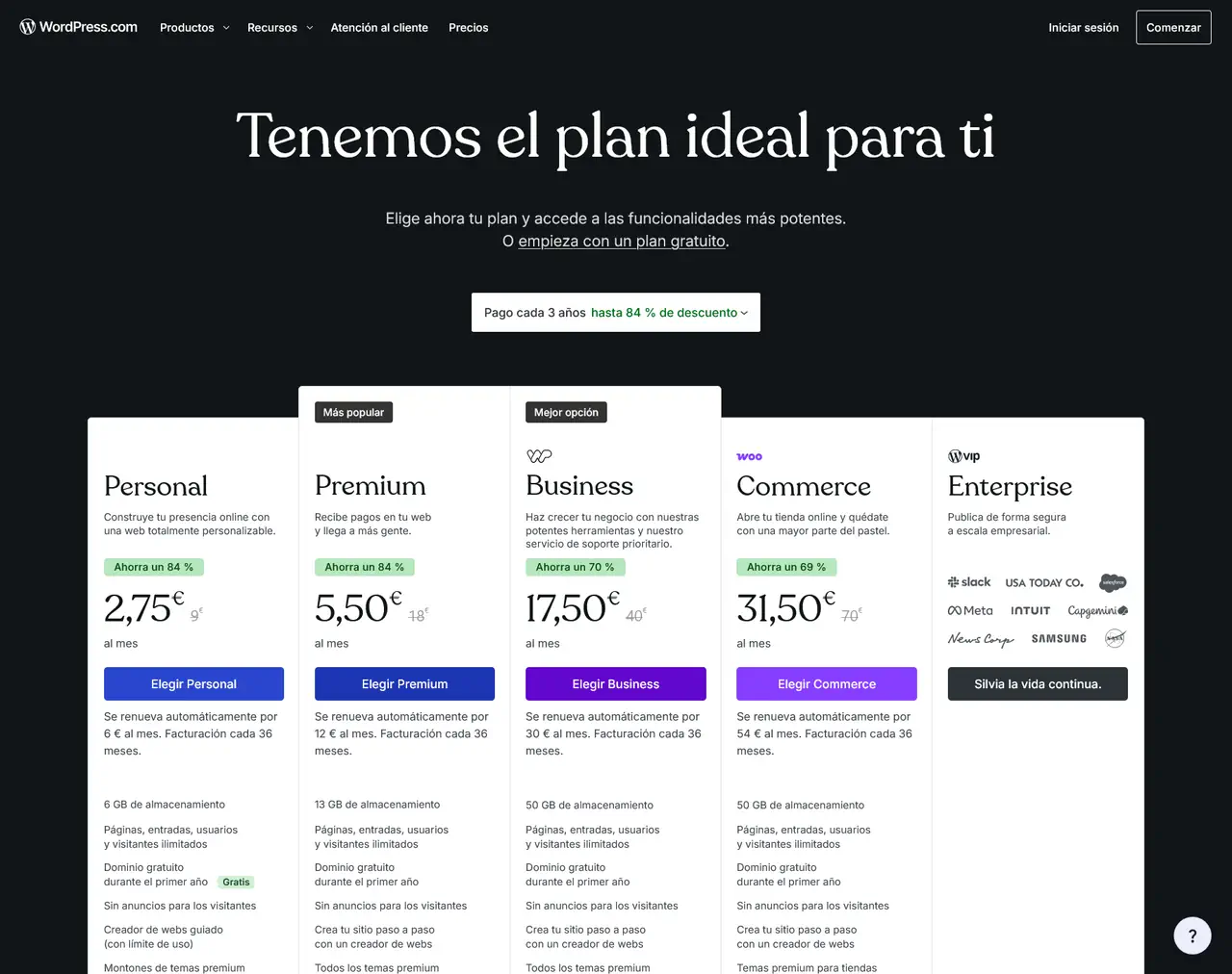 Planes de WordPress.com con el pago cada 3 años seleccionado y el descuento máximo aplicado