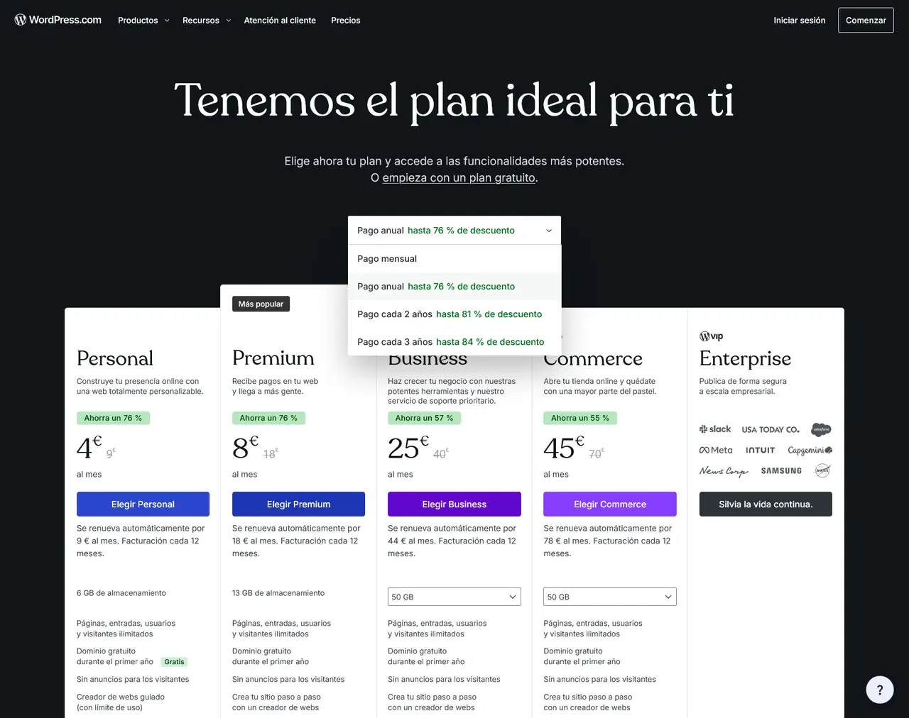 Desplegable de duración de pago en la página de precios de WordPress.com con las cuatro opciones y sus descuentos